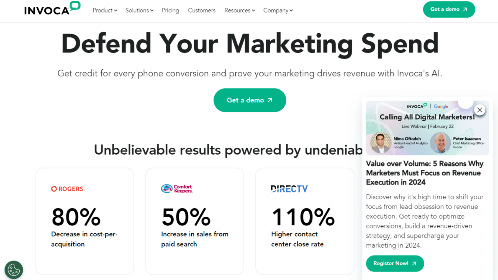 Invoca software landing page screenshot