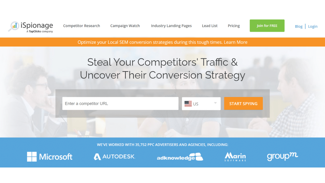 A screenshot for iSpionage landing page 